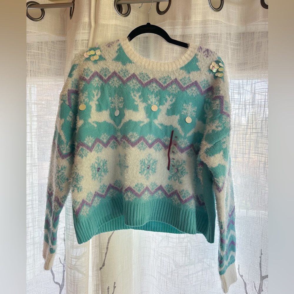 New! 33 Degrees Ugly (cute) Christmas Sweater Purple, Sky Blue and White